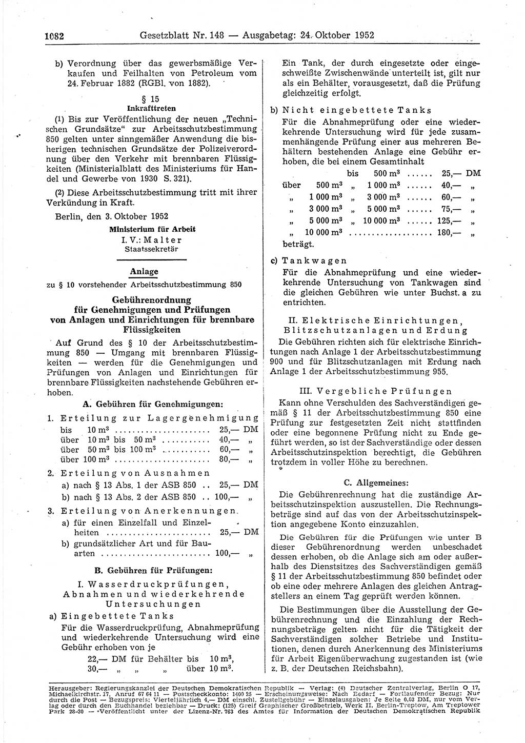 Gesetzblatt (GBl.) der Deutschen Demokratischen Republik (DDR) 1952, Seite 1082 (GBl. DDR 1952, S. 1082)