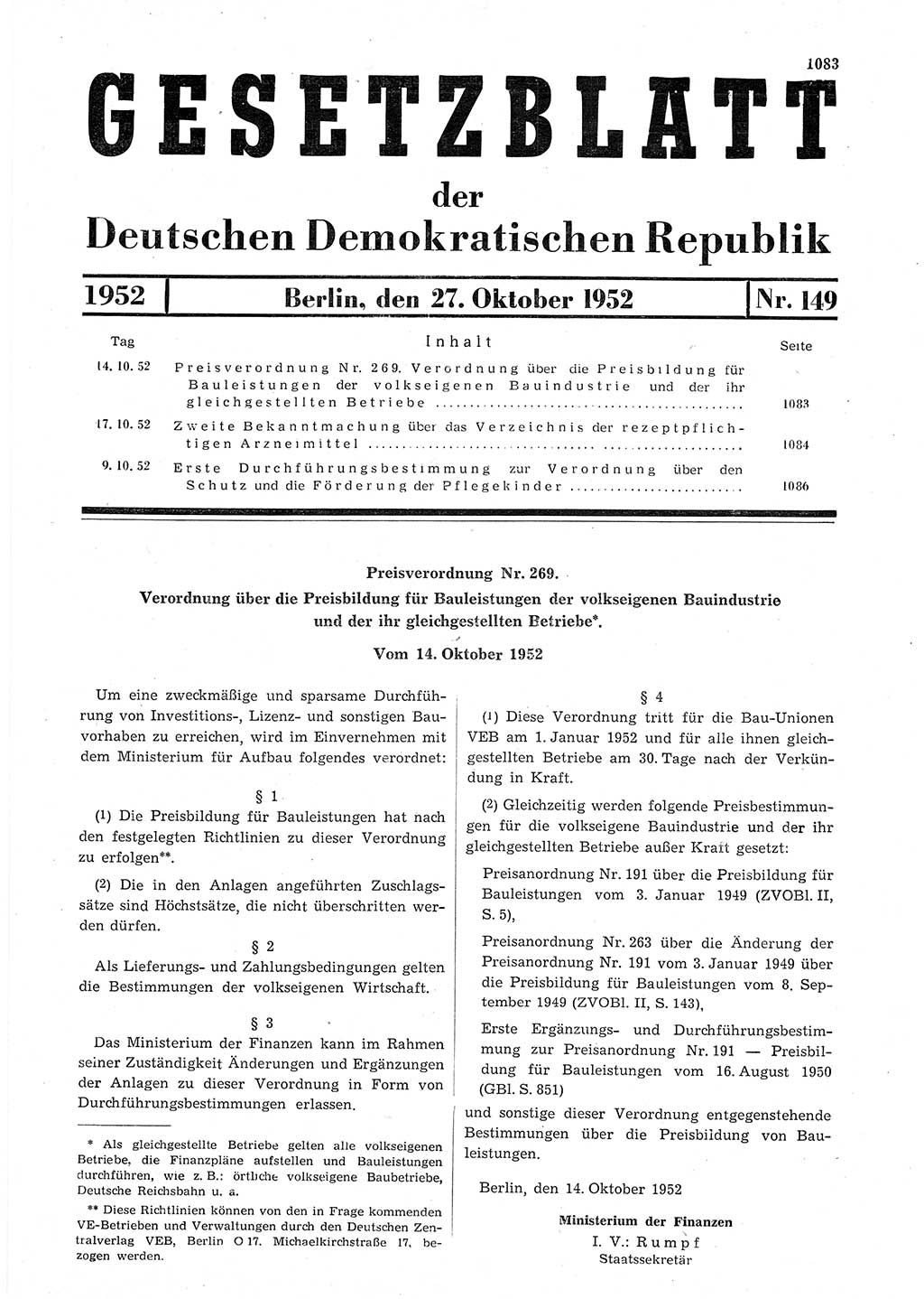 Gesetzblatt (GBl.) der Deutschen Demokratischen Republik (DDR) 1952, Seite 1083 (GBl. DDR 1952, S. 1083)
