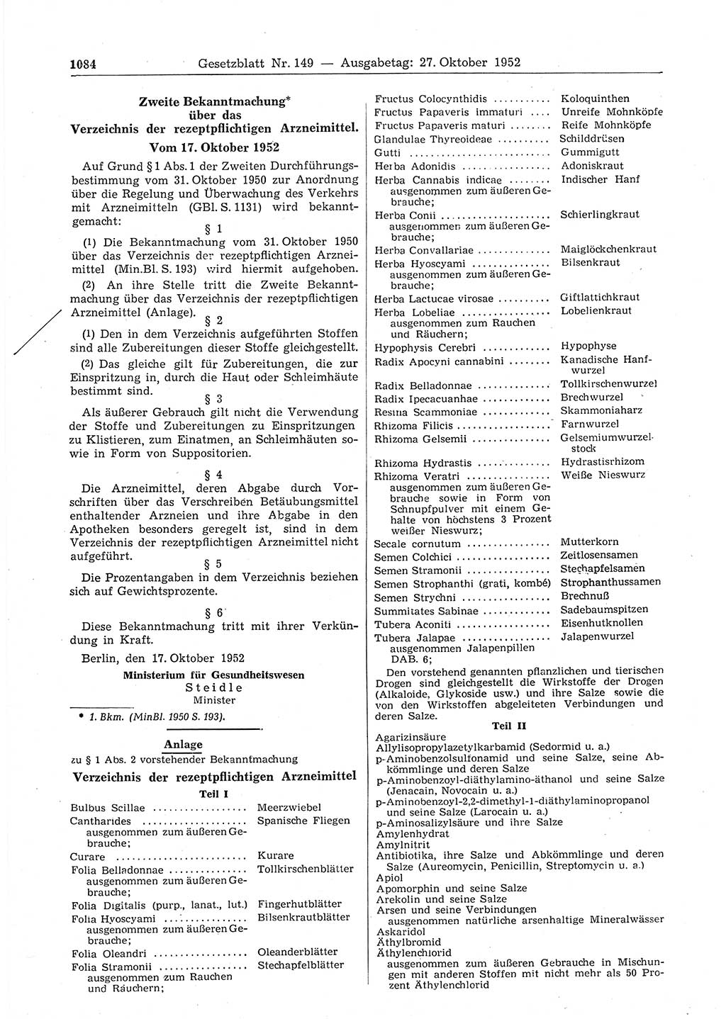 Gesetzblatt (GBl.) der Deutschen Demokratischen Republik (DDR) 1952, Seite 1084 (GBl. DDR 1952, S. 1084)