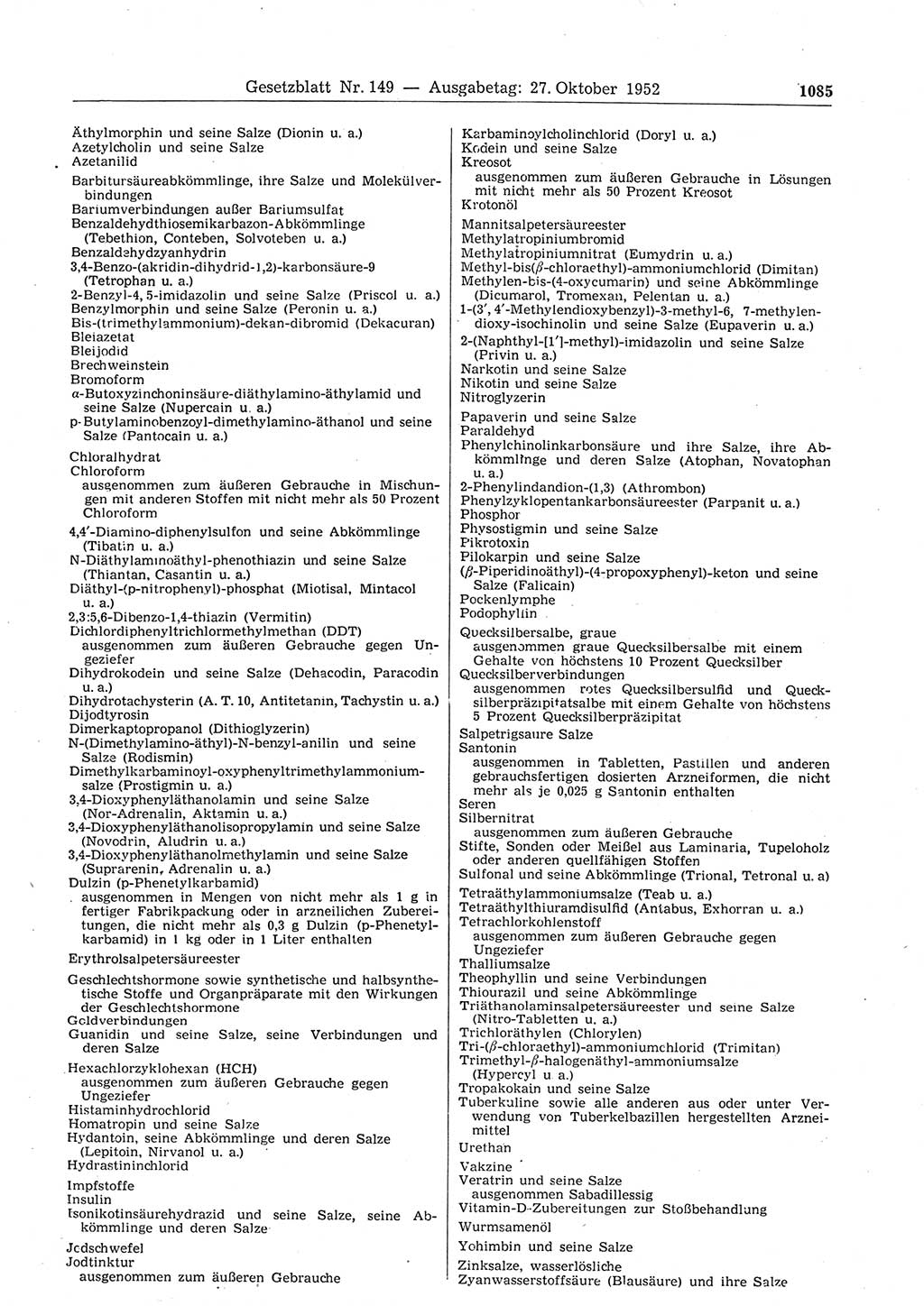 Gesetzblatt (GBl.) der Deutschen Demokratischen Republik (DDR) 1952, Seite 1085 (GBl. DDR 1952, S. 1085)