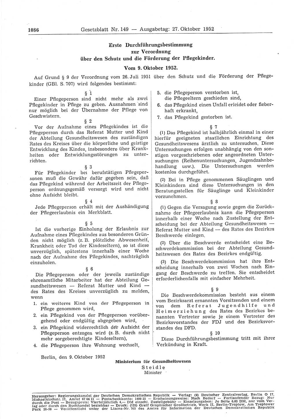 Gesetzblatt (GBl.) der Deutschen Demokratischen Republik (DDR) 1952, Seite 1086 (GBl. DDR 1952, S. 1086)