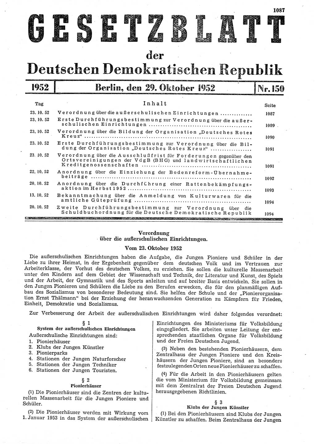 Gesetzblatt (GBl.) der Deutschen Demokratischen Republik (DDR) 1952, Seite 1087 (GBl. DDR 1952, S. 1087)