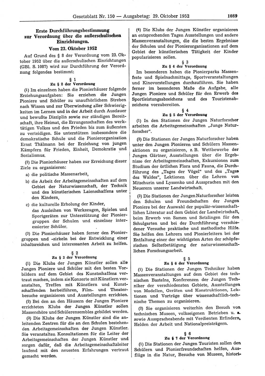 Gesetzblatt (GBl.) der Deutschen Demokratischen Republik (DDR) 1952, Seite 1089 (GBl. DDR 1952, S. 1089)
