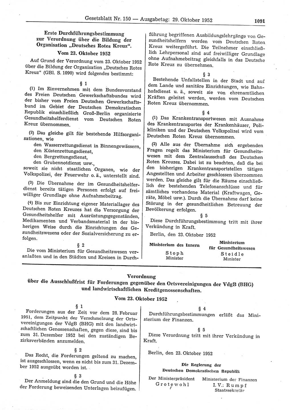 Gesetzblatt (GBl.) der Deutschen Demokratischen Republik (DDR) 1952, Seite 1091 (GBl. DDR 1952, S. 1091)