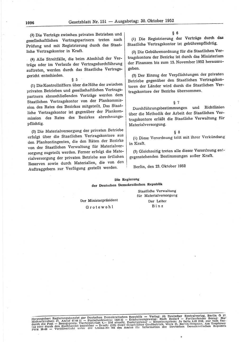 Gesetzblatt (GBl.) der Deutschen Demokratischen Republik (DDR) 1952, Seite 1096 (GBl. DDR 1952, S. 1096)