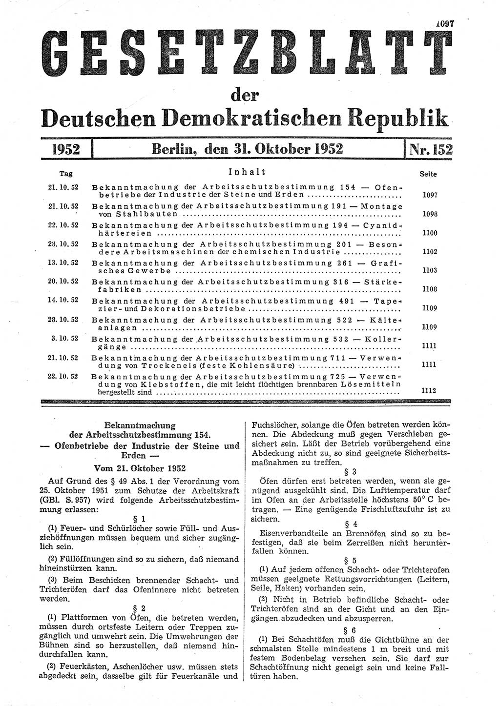 Gesetzblatt (GBl.) der Deutschen Demokratischen Republik (DDR) 1952, Seite 1097 (GBl. DDR 1952, S. 1097)
