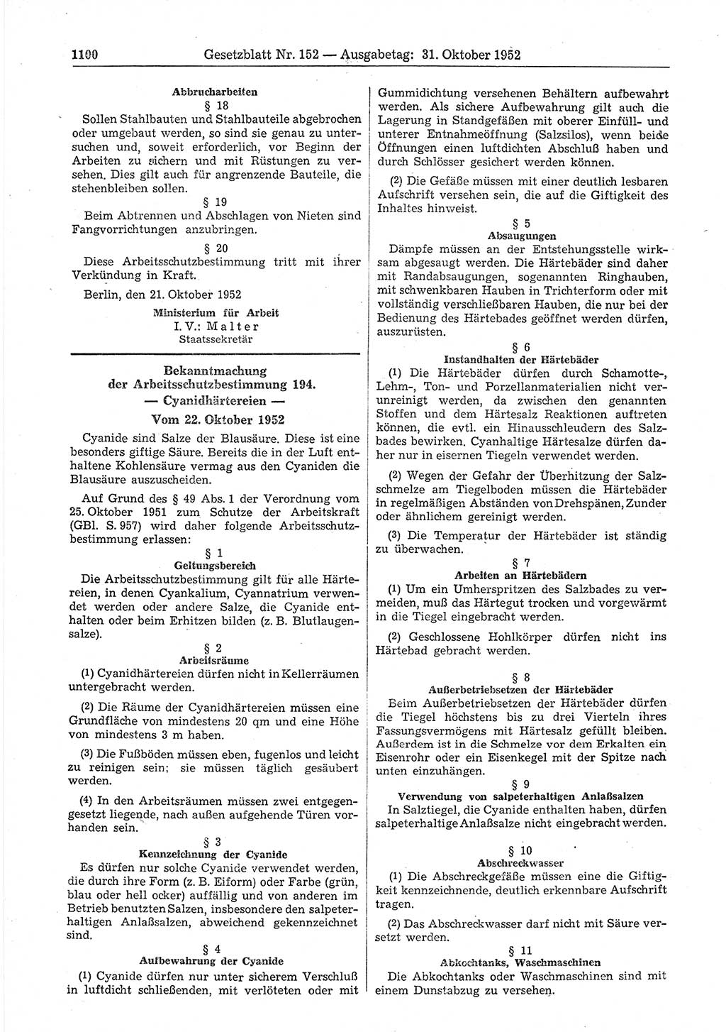 Gesetzblatt (GBl.) der Deutschen Demokratischen Republik (DDR) 1952, Seite 1100 (GBl. DDR 1952, S. 1100)