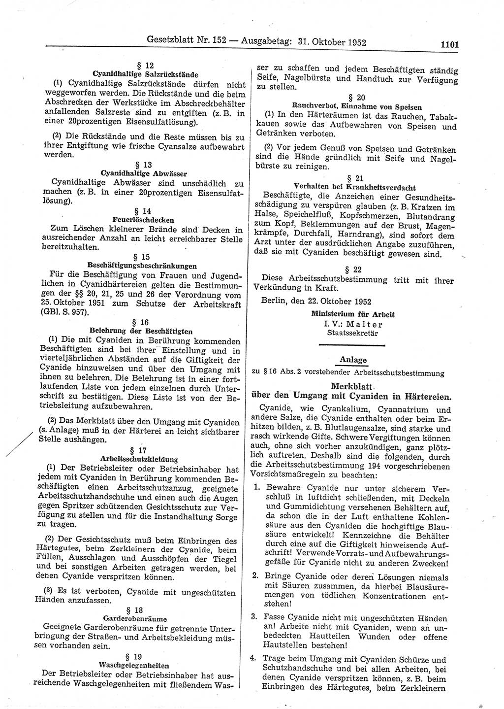 Gesetzblatt (GBl.) der Deutschen Demokratischen Republik (DDR) 1952, Seite 1101 (GBl. DDR 1952, S. 1101)