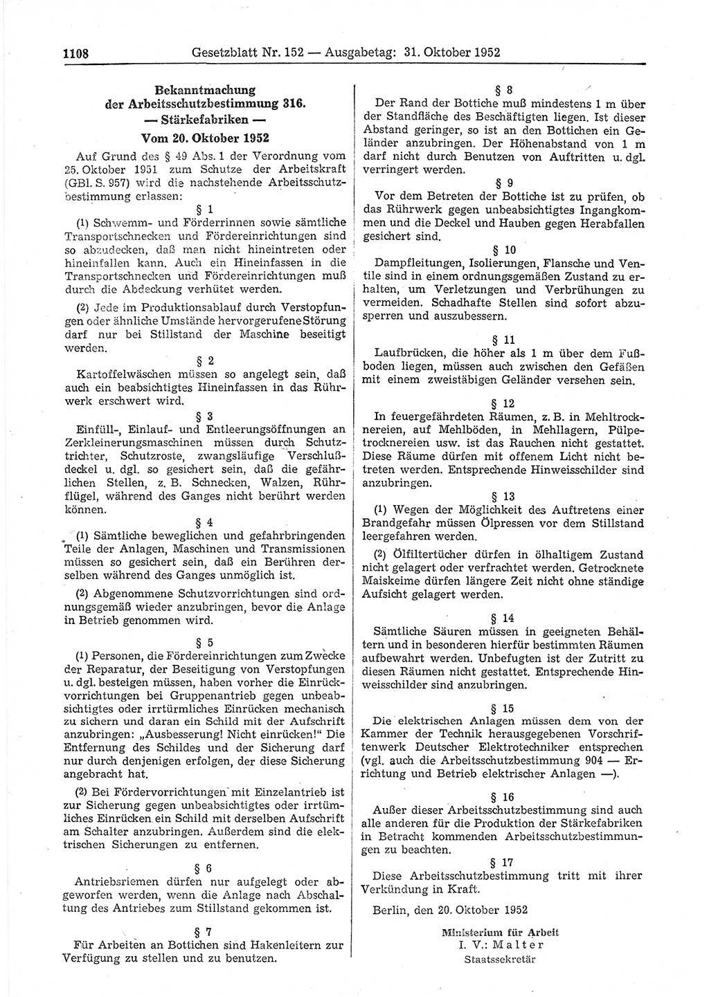 Gesetzblatt (GBl.) der Deutschen Demokratischen Republik (DDR) 1952, Seite 1108 (GBl. DDR 1952, S. 1108)