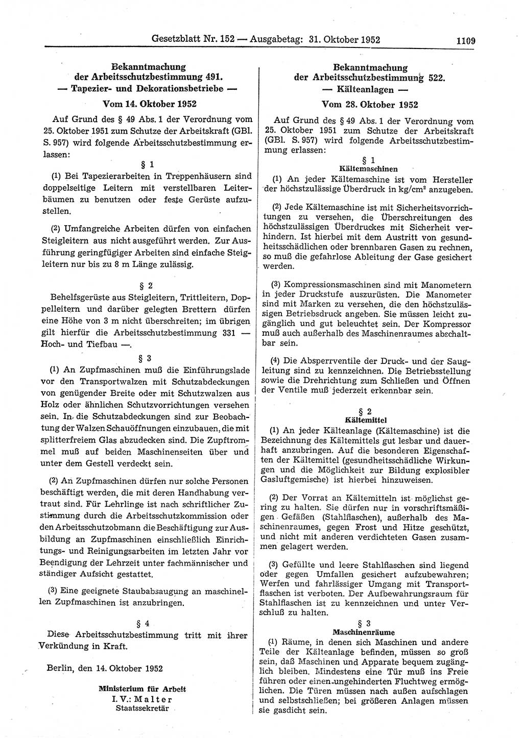Gesetzblatt (GBl.) der Deutschen Demokratischen Republik (DDR) 1952, Seite 1109 (GBl. DDR 1952, S. 1109)