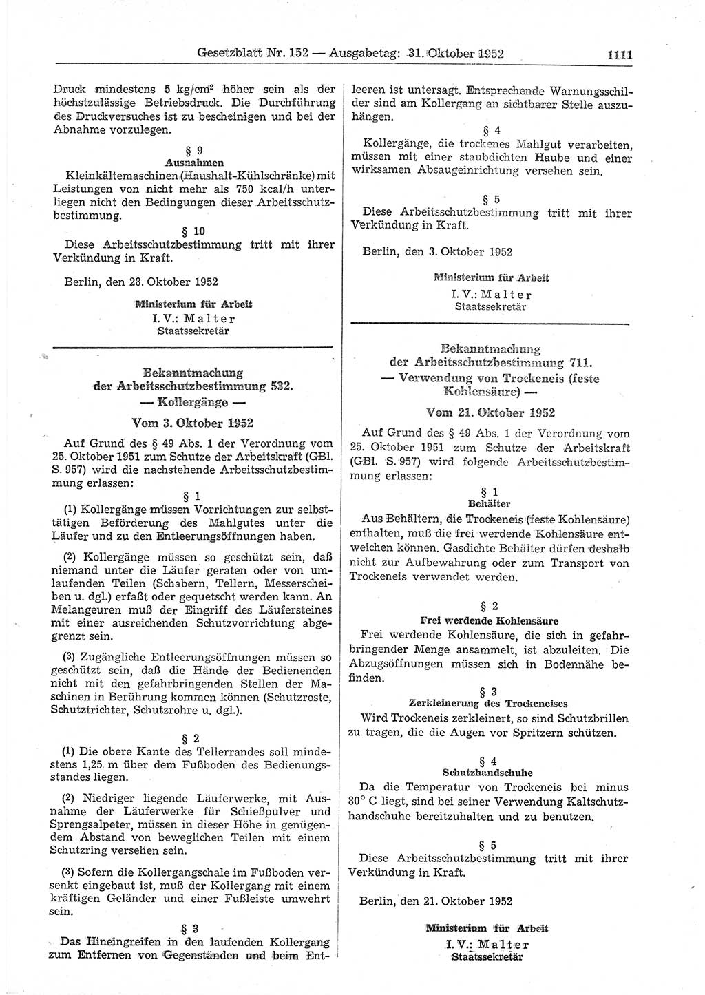 Gesetzblatt (GBl.) der Deutschen Demokratischen Republik (DDR) 1952, Seite 1111 (GBl. DDR 1952, S. 1111)