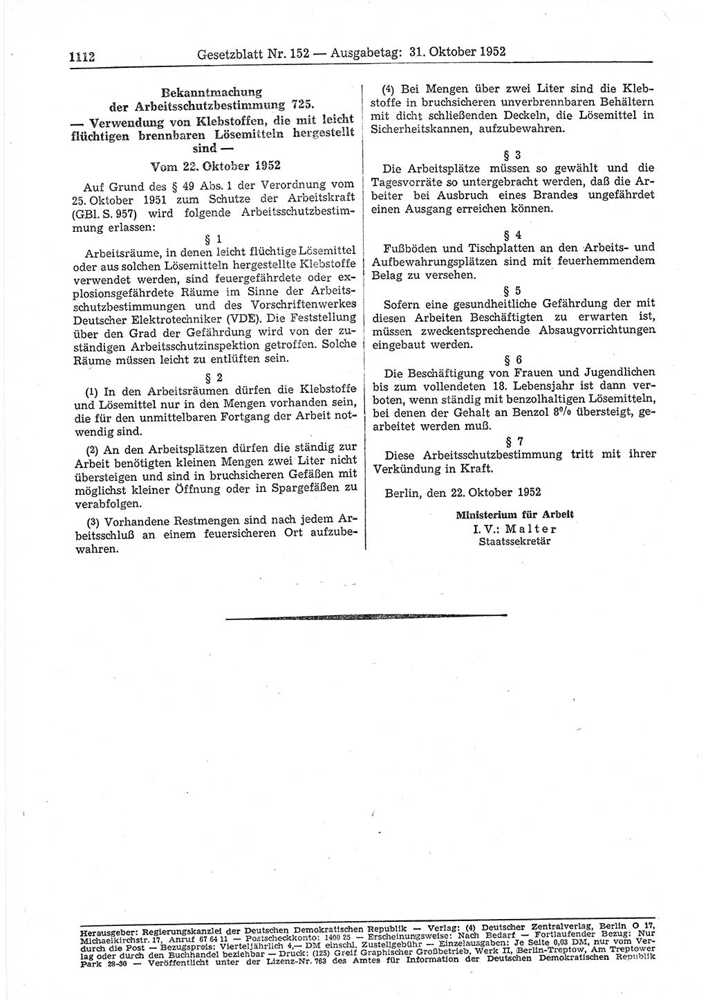 Gesetzblatt (GBl.) der Deutschen Demokratischen Republik (DDR) 1952, Seite 1112 (GBl. DDR 1952, S. 1112)