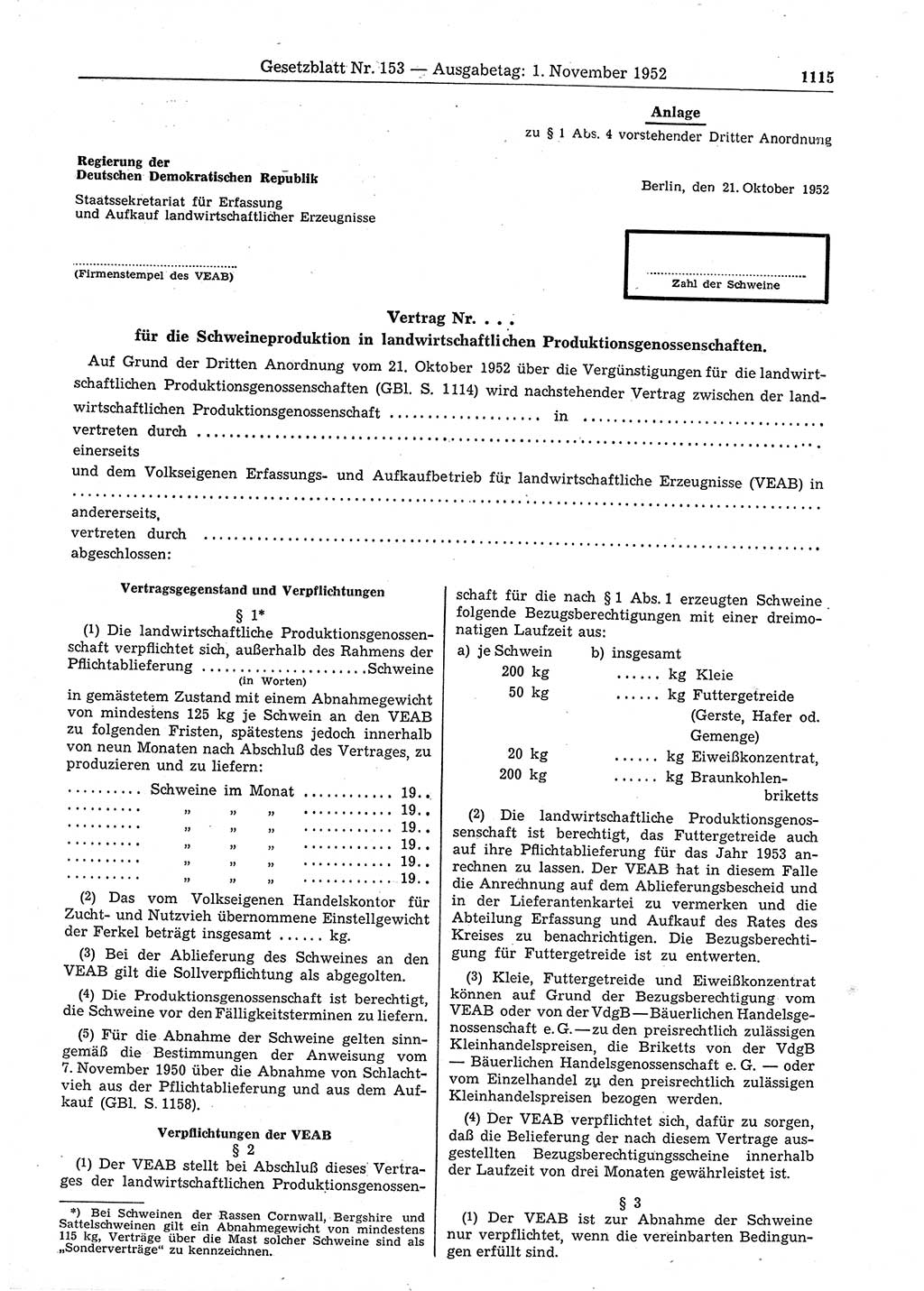 Gesetzblatt (GBl.) der Deutschen Demokratischen Republik (DDR) 1952, Seite 1115 (GBl. DDR 1952, S. 1115)