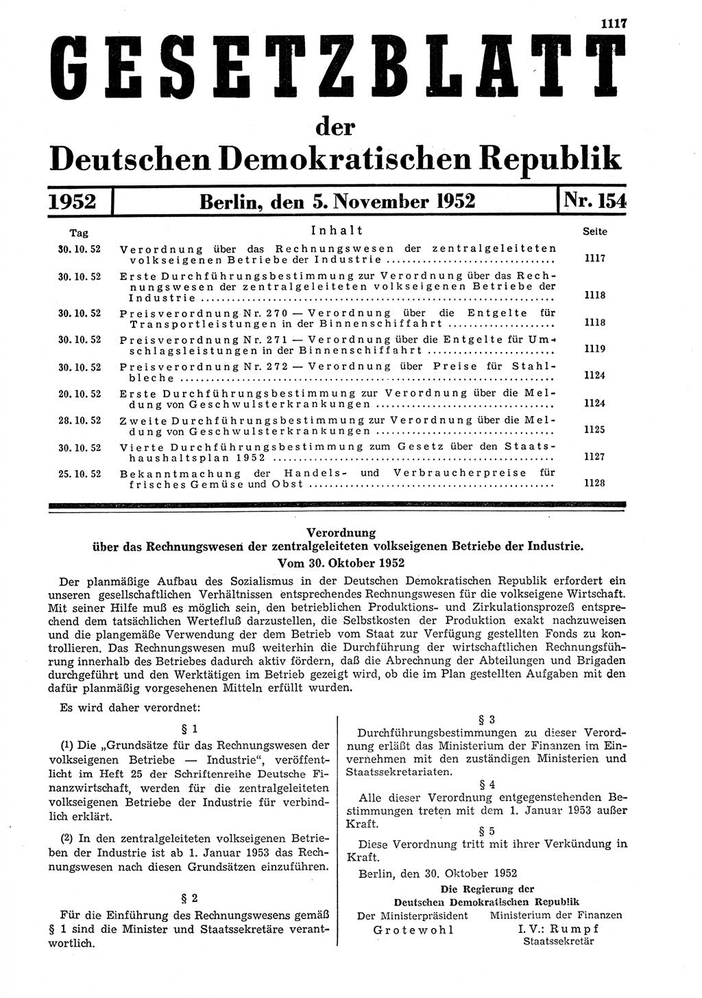 Gesetzblatt (GBl.) der Deutschen Demokratischen Republik (DDR) 1952, Seite 1117 (GBl. DDR 1952, S. 1117)