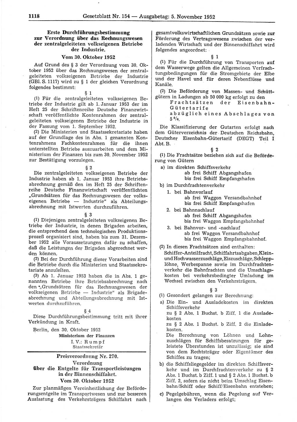 Gesetzblatt (GBl.) der Deutschen Demokratischen Republik (DDR) 1952, Seite 1118 (GBl. DDR 1952, S. 1118)