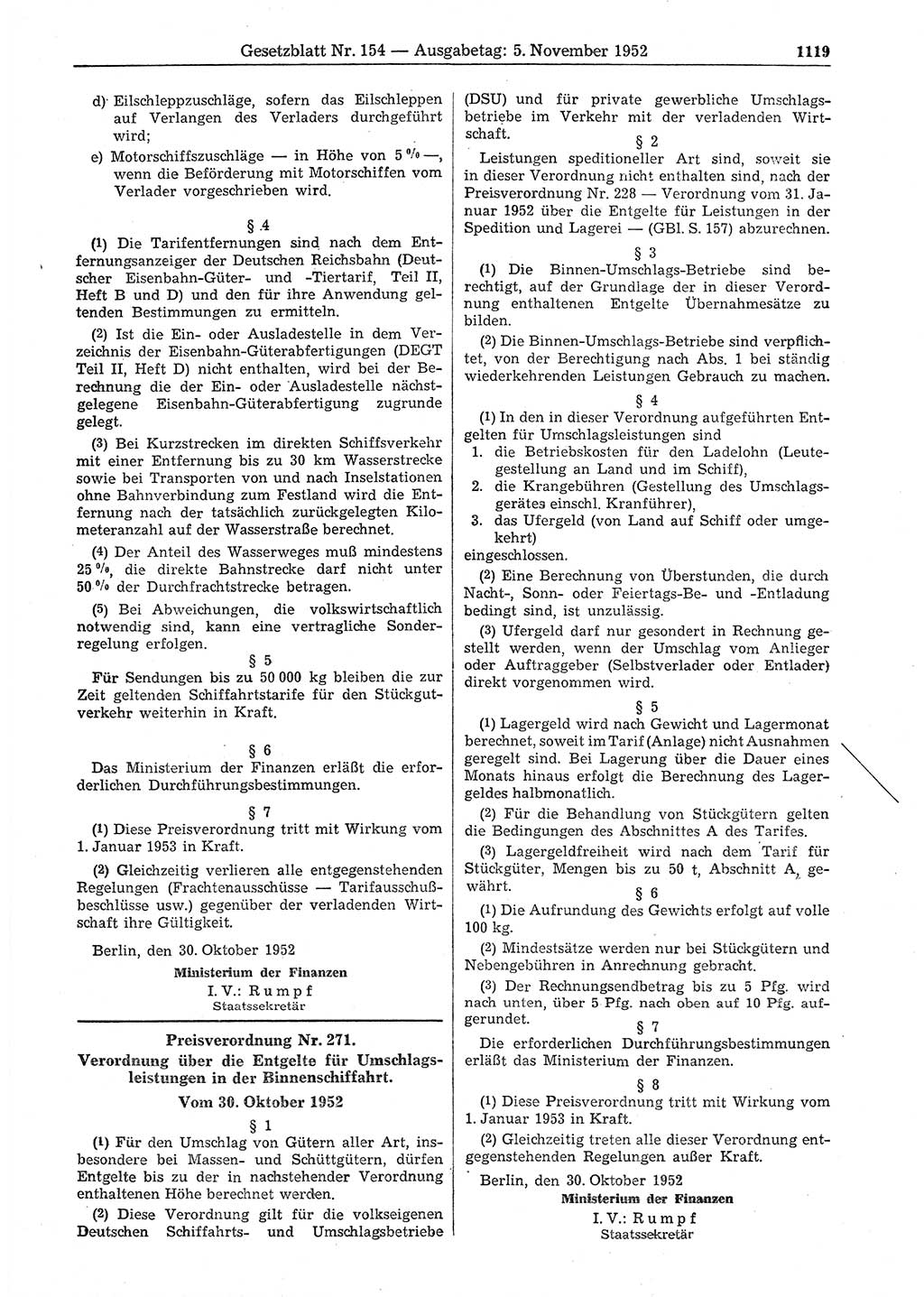 Gesetzblatt (GBl.) der Deutschen Demokratischen Republik (DDR) 1952, Seite 1119 (GBl. DDR 1952, S. 1119)