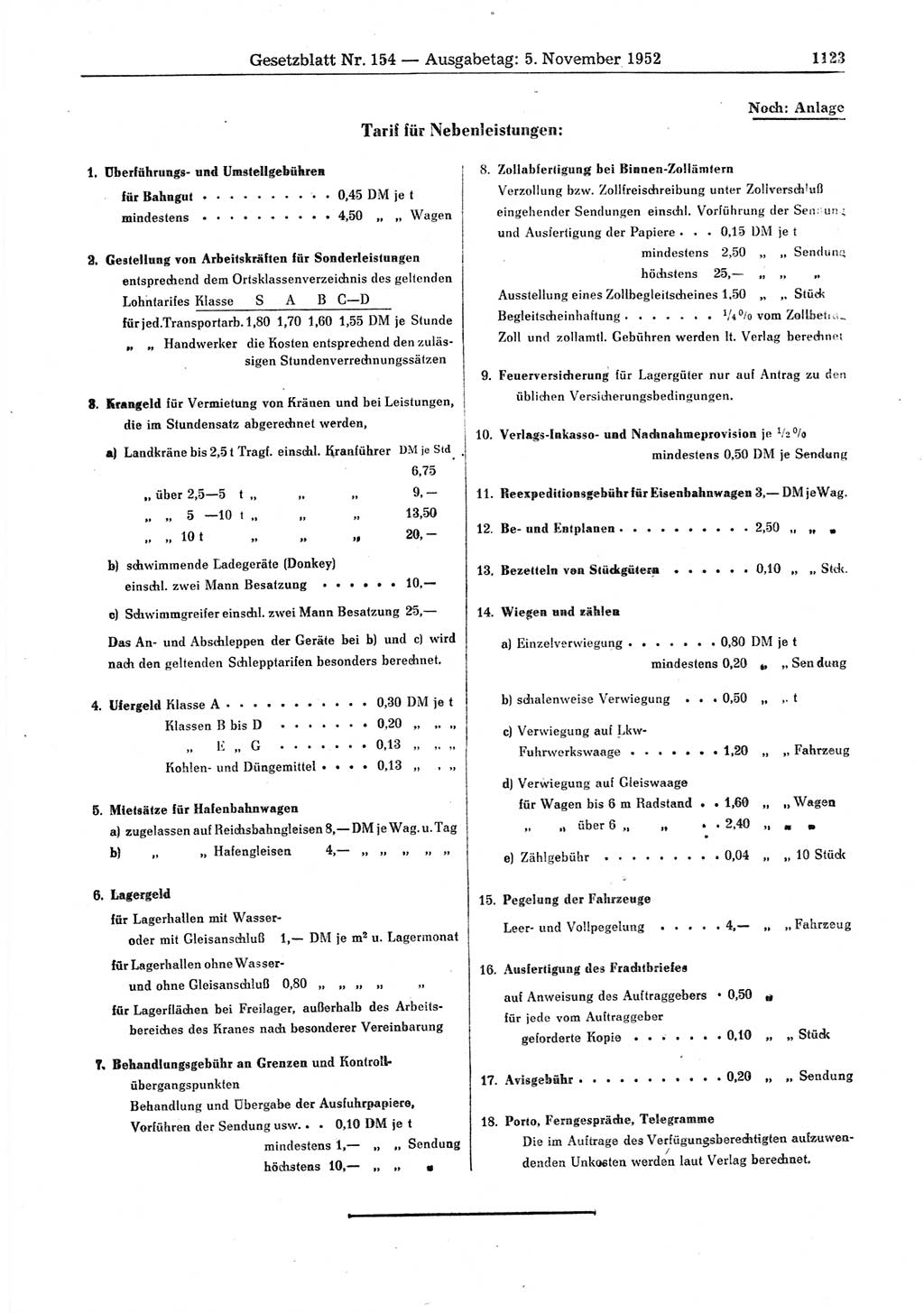 Gesetzblatt (GBl.) der Deutschen Demokratischen Republik (DDR) 1952, Seite 1123 (GBl. DDR 1952, S. 1123)