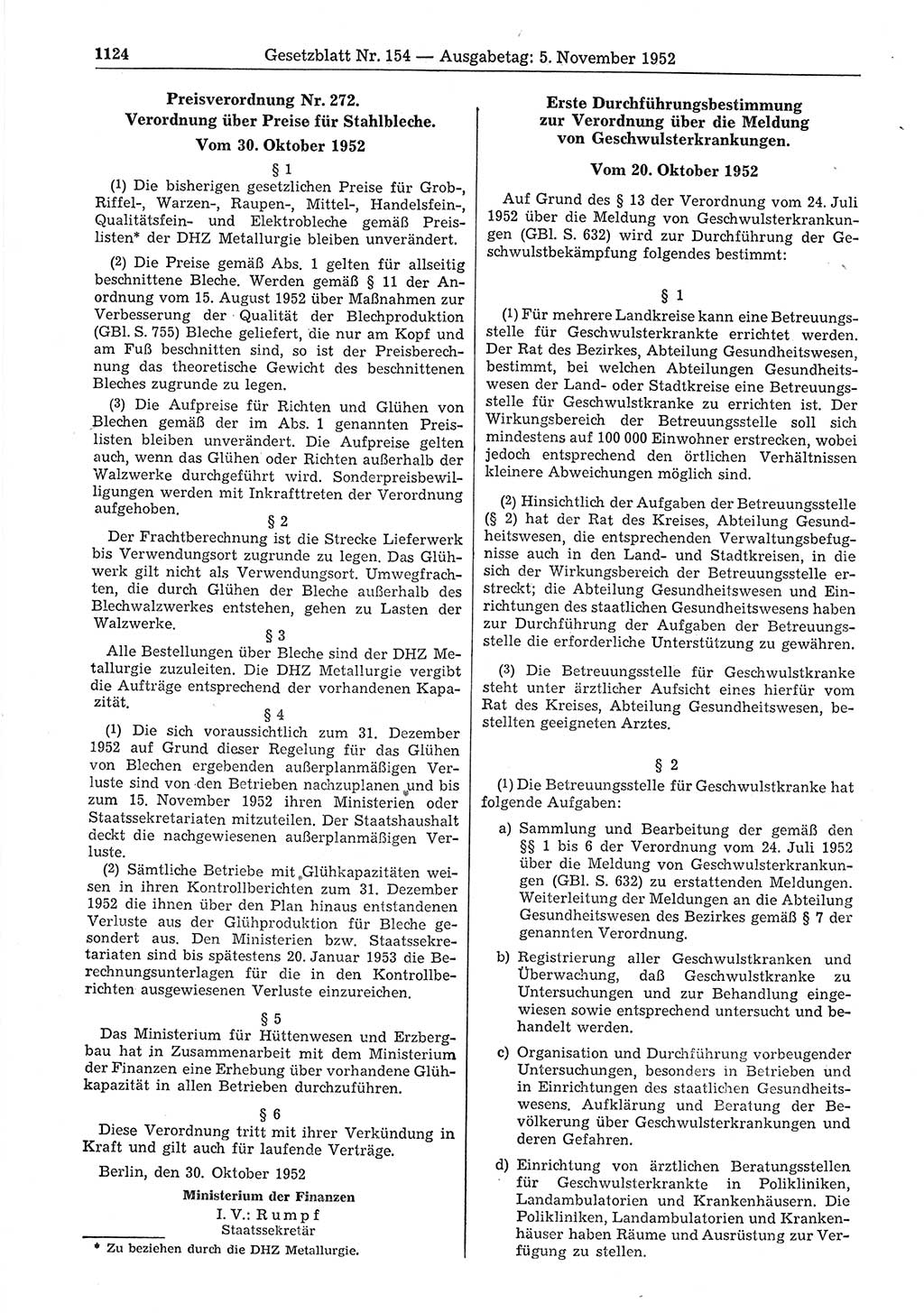 Gesetzblatt (GBl.) der Deutschen Demokratischen Republik (DDR) 1952, Seite 1124 (GBl. DDR 1952, S. 1124)