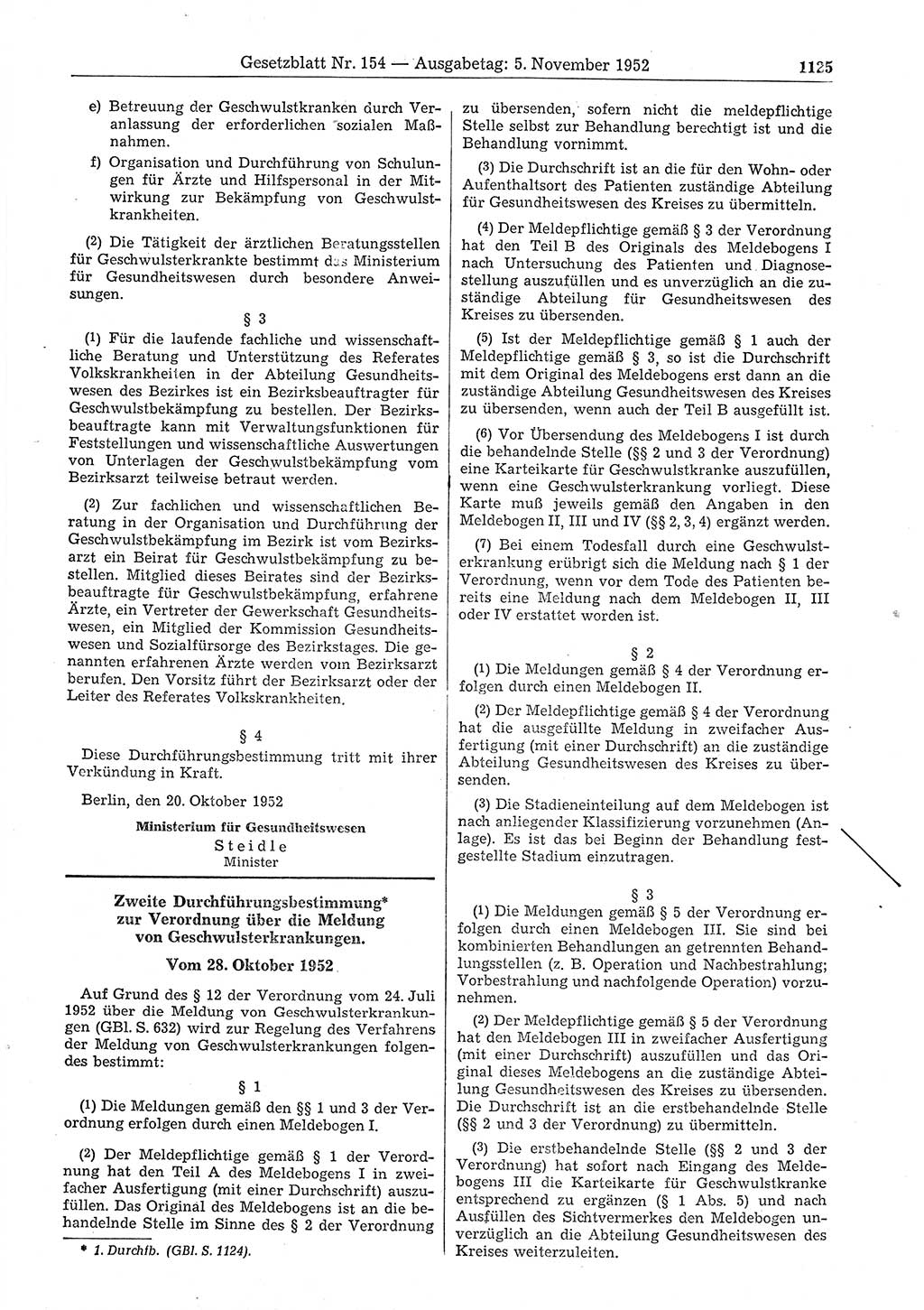 Gesetzblatt (GBl.) der Deutschen Demokratischen Republik (DDR) 1952, Seite 1125 (GBl. DDR 1952, S. 1125)