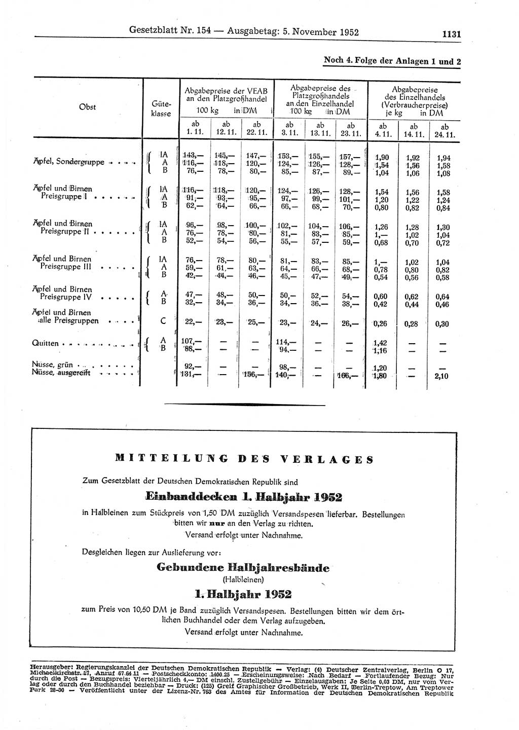 Gesetzblatt (GBl.) der Deutschen Demokratischen Republik (DDR) 1952, Seite 1131 (GBl. DDR 1952, S. 1131)
