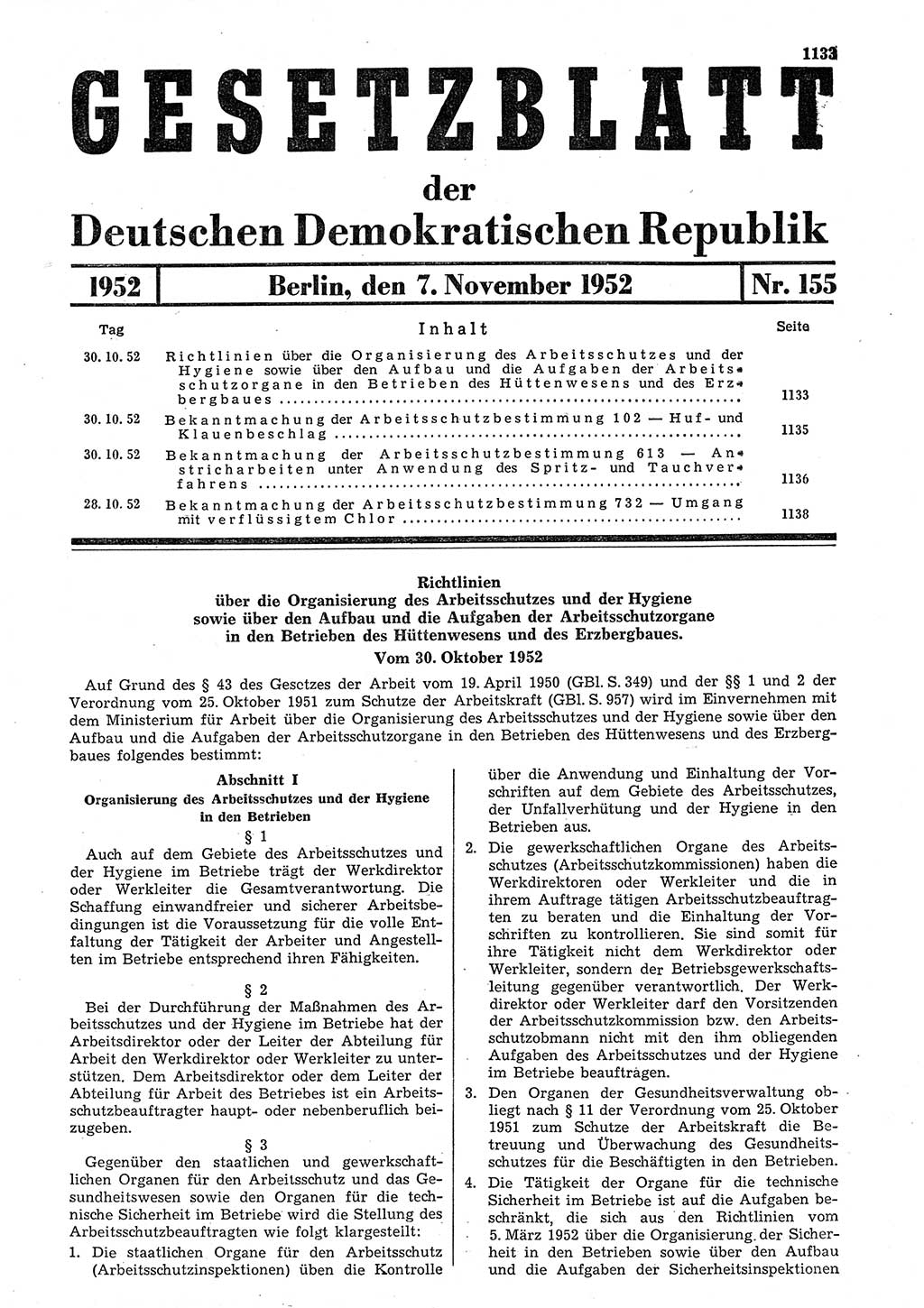 Gesetzblatt (GBl.) der Deutschen Demokratischen Republik (DDR) 1952, Seite 1133 (GBl. DDR 1952, S. 1133)