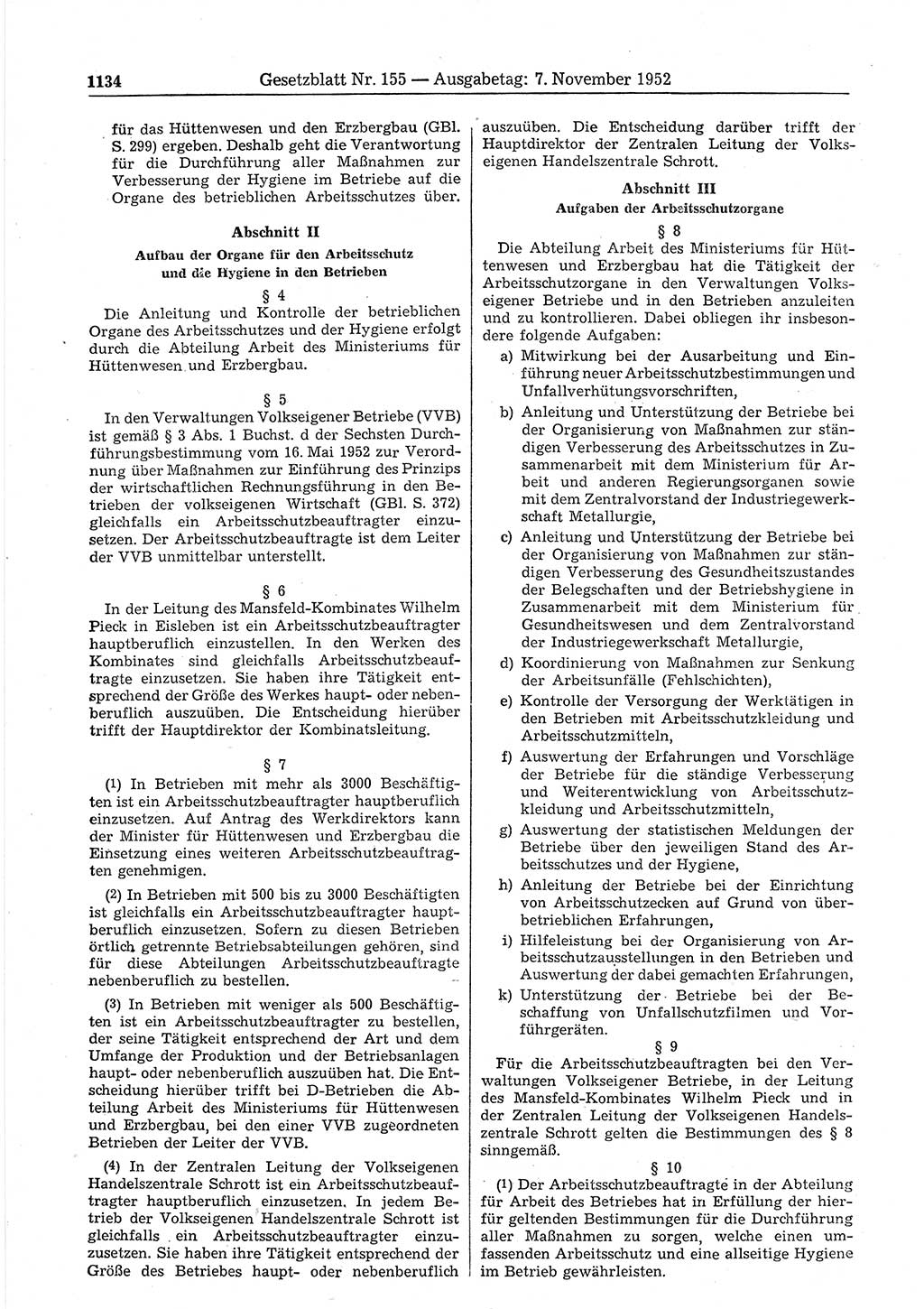 Gesetzblatt (GBl.) der Deutschen Demokratischen Republik (DDR) 1952, Seite 1134 (GBl. DDR 1952, S. 1134)