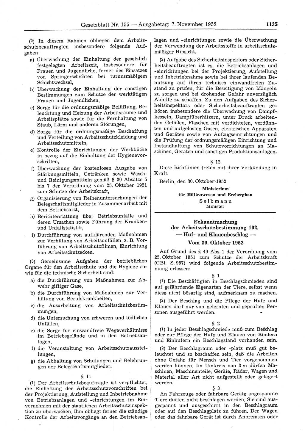Gesetzblatt (GBl.) der Deutschen Demokratischen Republik (DDR) 1952, Seite 1135 (GBl. DDR 1952, S. 1135)