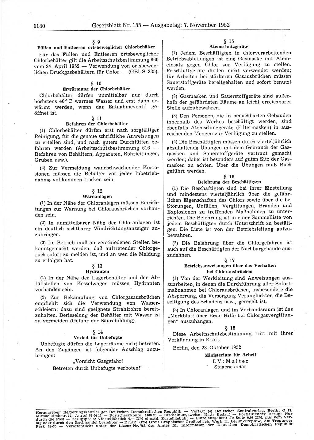Gesetzblatt (GBl.) der Deutschen Demokratischen Republik (DDR) 1952, Seite 1140 (GBl. DDR 1952, S. 1140)