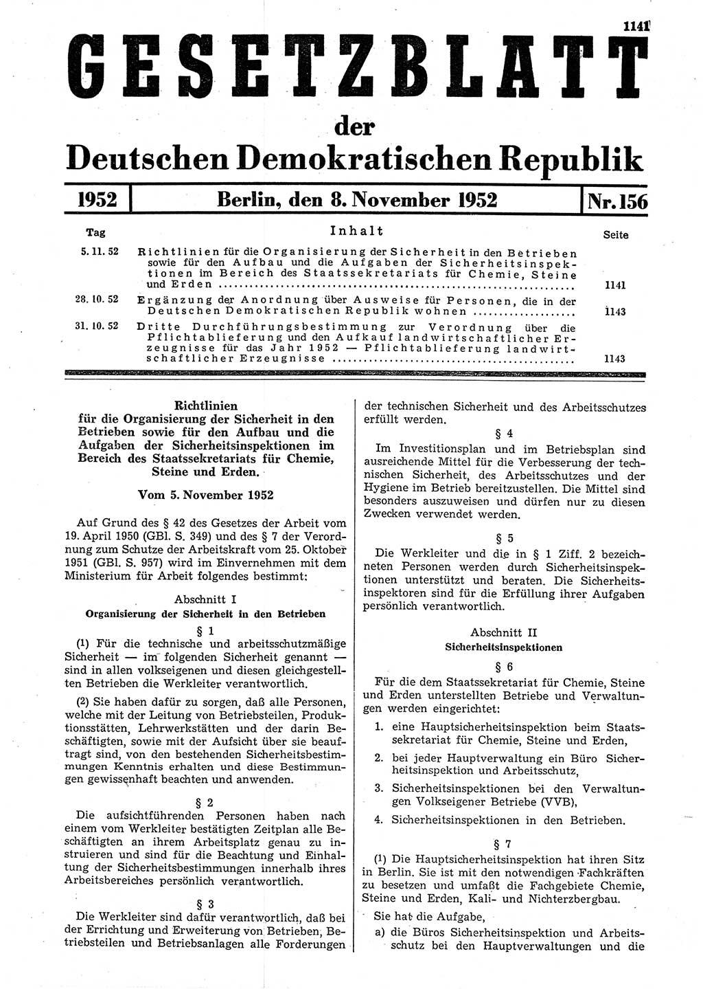 Gesetzblatt (GBl.) der Deutschen Demokratischen Republik (DDR) 1952, Seite 1141 (GBl. DDR 1952, S. 1141)