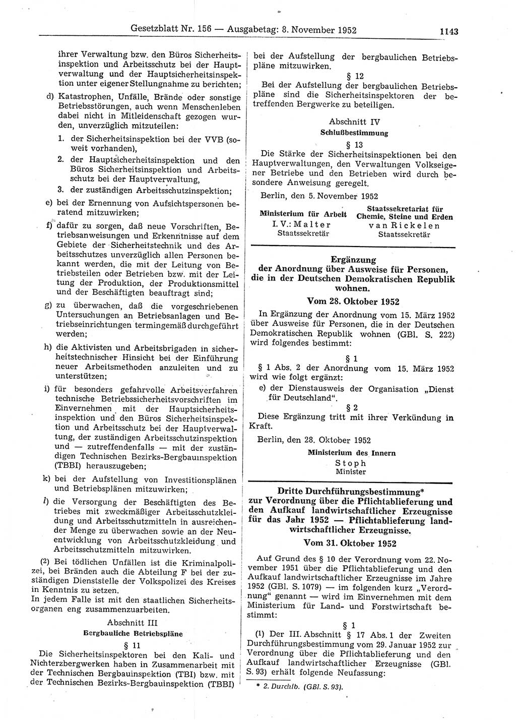 Gesetzblatt (GBl.) der Deutschen Demokratischen Republik (DDR) 1952, Seite 1143 (GBl. DDR 1952, S. 1143)