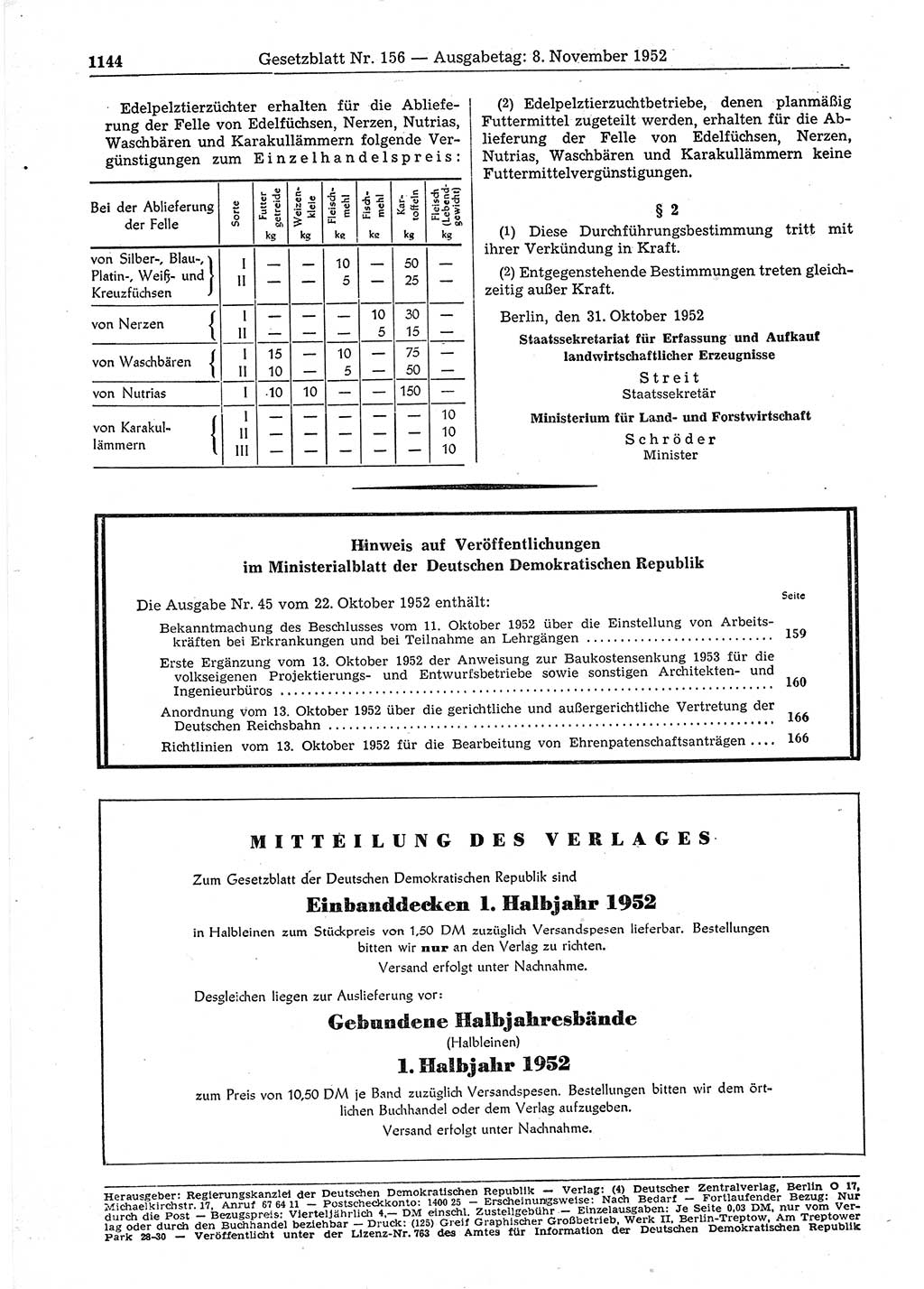 Gesetzblatt (GBl.) der Deutschen Demokratischen Republik (DDR) 1952, Seite 1144 (GBl. DDR 1952, S. 1144)