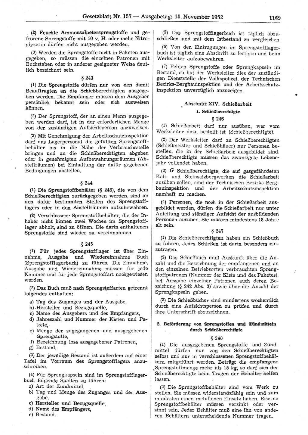 Gesetzblatt (GBl.) der Deutschen Demokratischen Republik (DDR) 1952, Seite 1169 (GBl. DDR 1952, S. 1169)