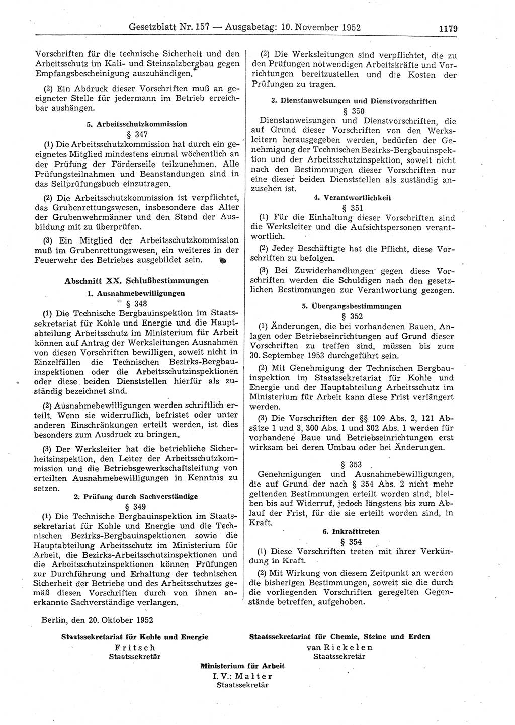 Gesetzblatt (GBl.) der Deutschen Demokratischen Republik (DDR) 1952, Seite 1179 (GBl. DDR 1952, S. 1179)