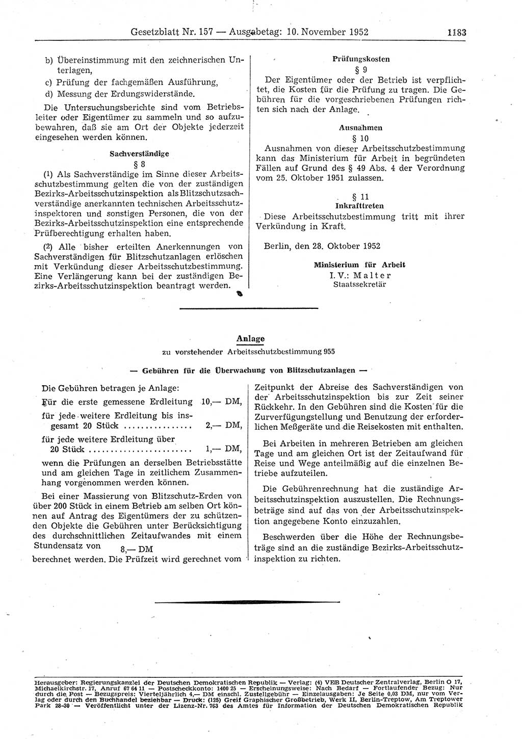 Gesetzblatt (GBl.) der Deutschen Demokratischen Republik (DDR) 1952, Seite 1183 (GBl. DDR 1952, S. 1183)