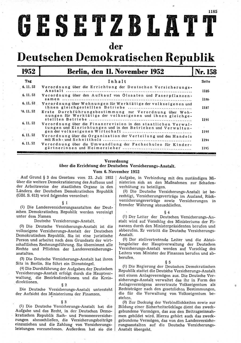 Gesetzblatt (GBl.) der Deutschen Demokratischen Republik (DDR) 1952, Seite 1185 (GBl. DDR 1952, S. 1185)