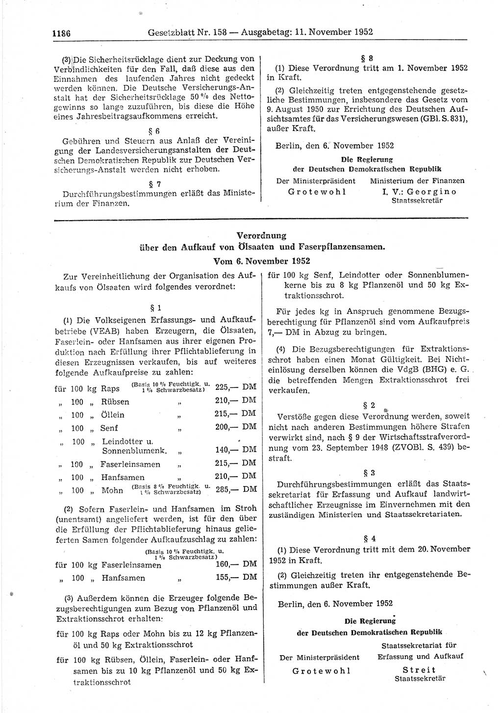Gesetzblatt (GBl.) der Deutschen Demokratischen Republik (DDR) 1952, Seite 1186 (GBl. DDR 1952, S. 1186)