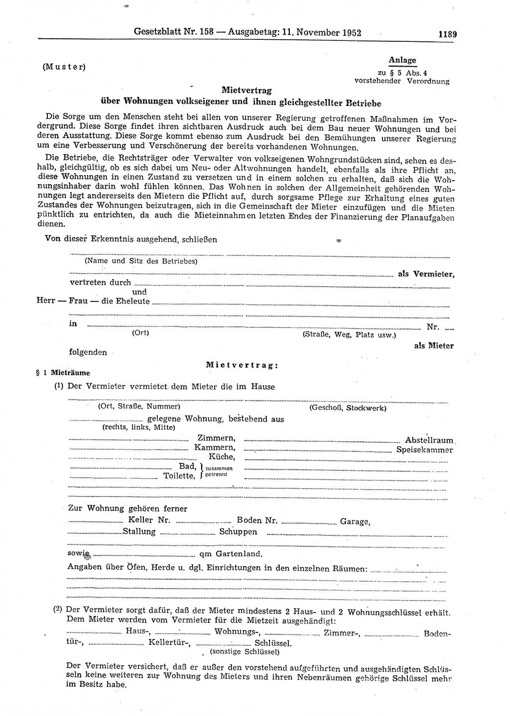 Gesetzblatt (GBl.) der Deutschen Demokratischen Republik (DDR) 1952, Seite 1189 (GBl. DDR 1952, S. 1189)