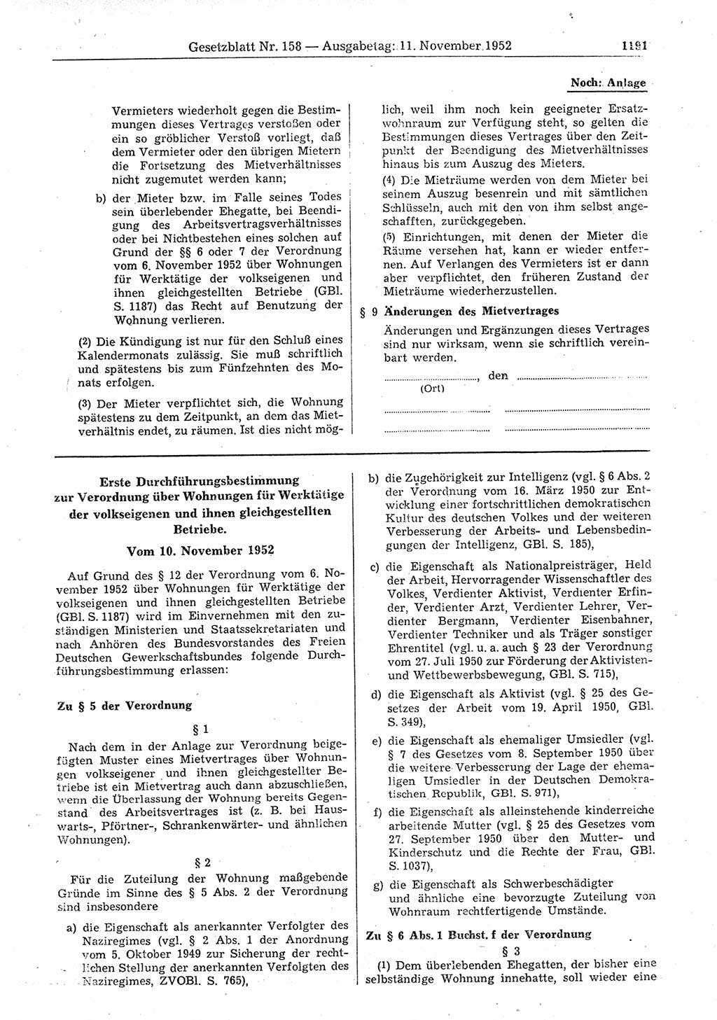 Gesetzblatt (GBl.) der Deutschen Demokratischen Republik (DDR) 1952, Seite 1191 (GBl. DDR 1952, S. 1191)
