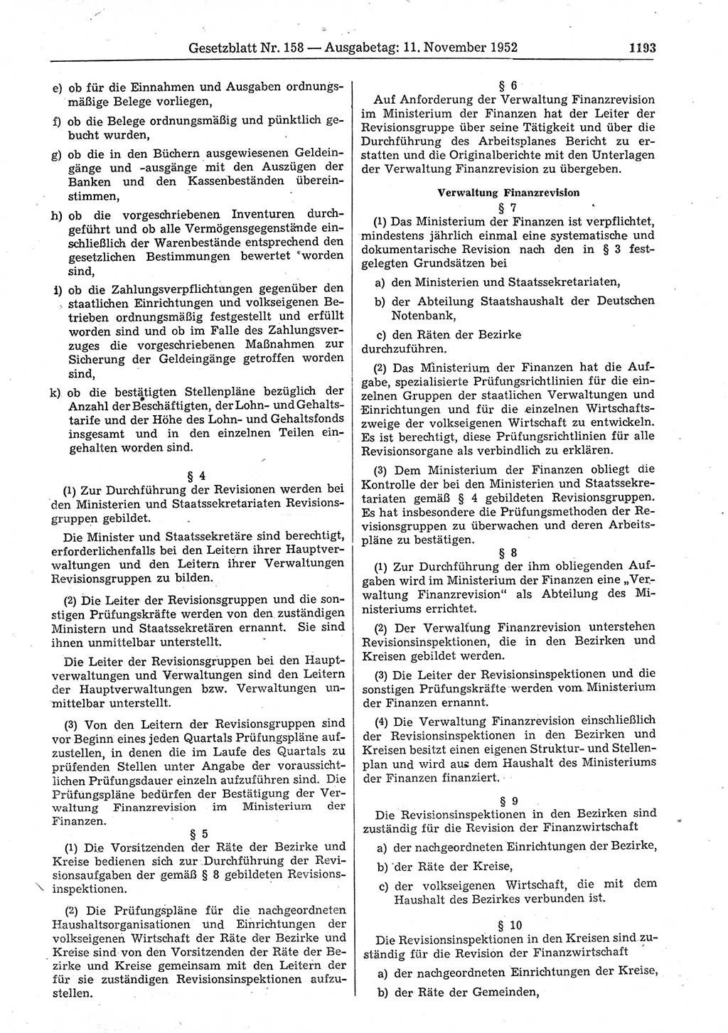 Gesetzblatt (GBl.) der Deutschen Demokratischen Republik (DDR) 1952, Seite 1193 (GBl. DDR 1952, S. 1193)