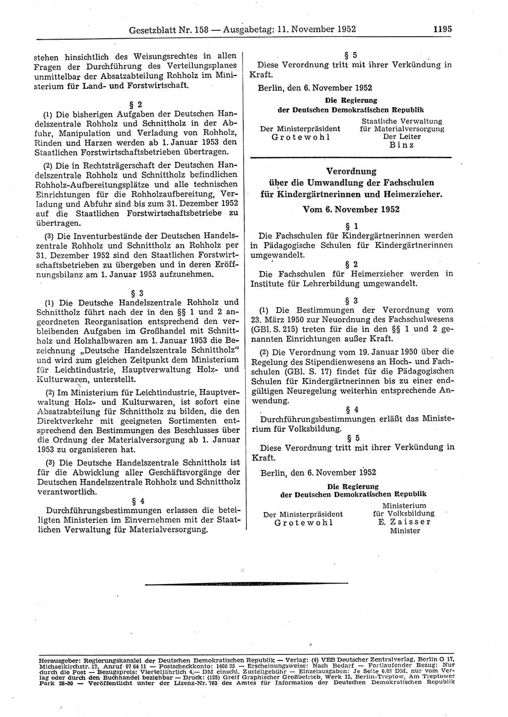 Gesetzblatt (GBl.) der Deutschen Demokratischen Republik (DDR) 1952, Seite 1195 (GBl. DDR 1952, S. 1195)