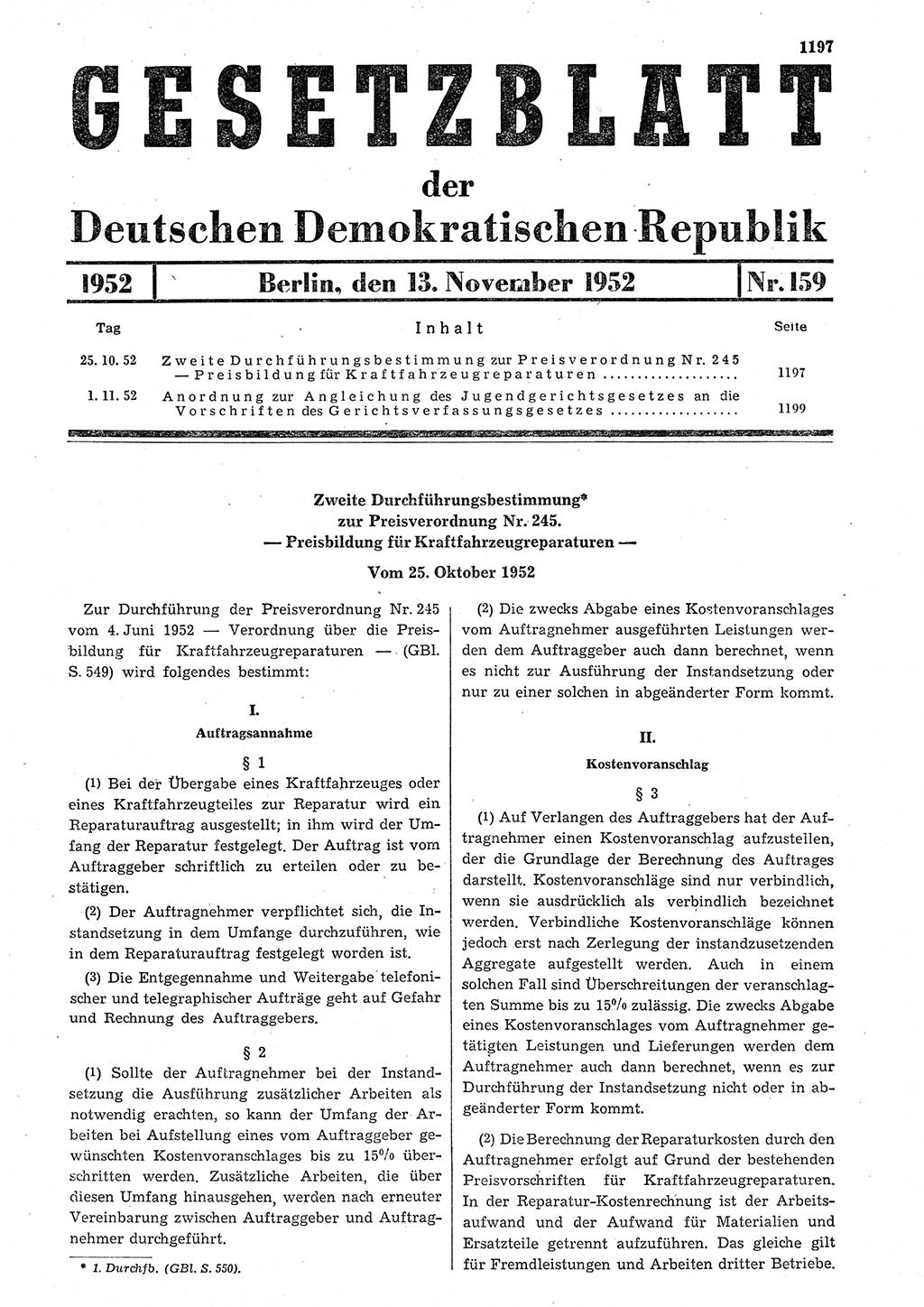 Gesetzblatt (GBl.) der Deutschen Demokratischen Republik (DDR) 1952, Seite 1197 (GBl. DDR 1952, S. 1197)