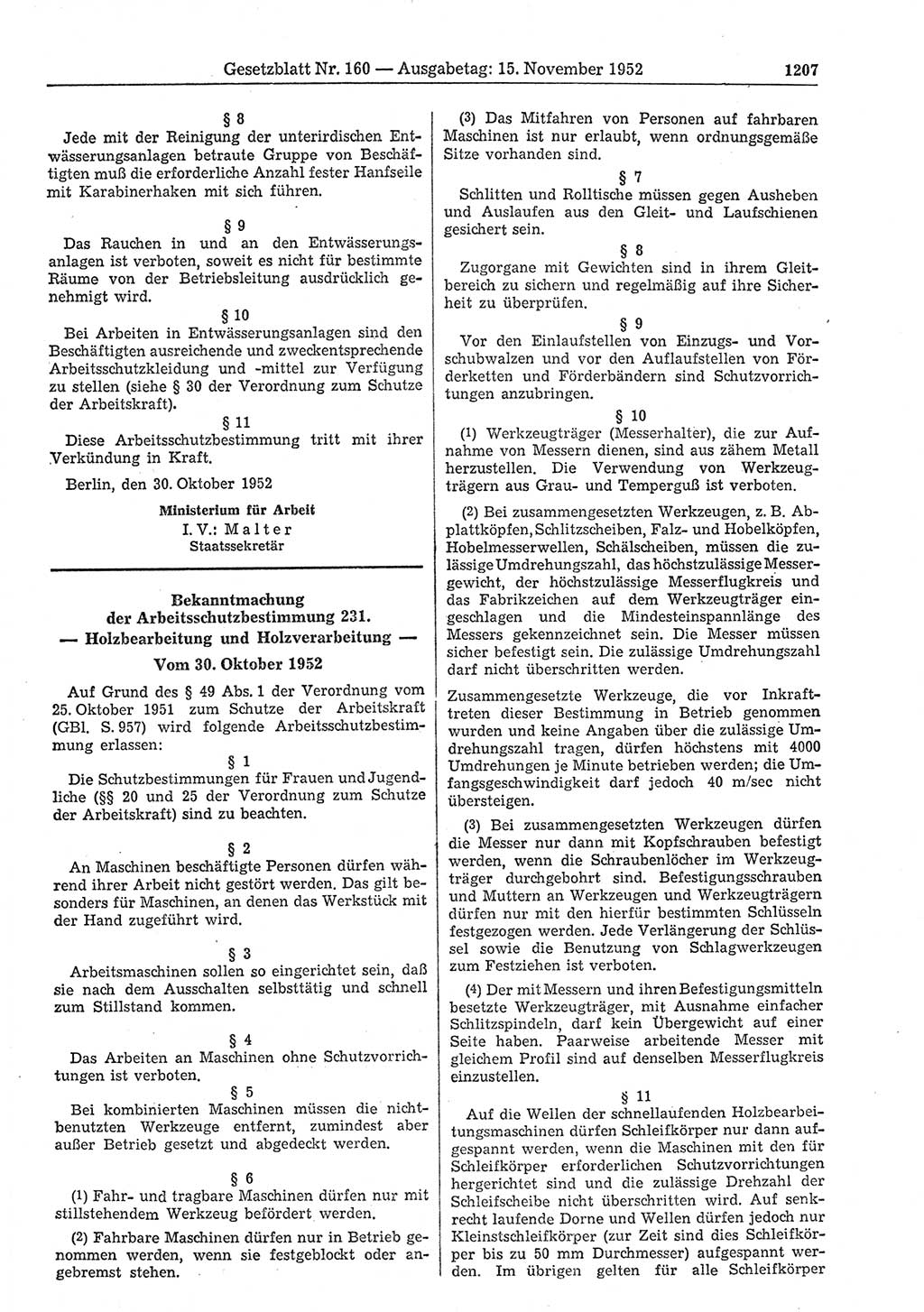 Gesetzblatt (GBl.) der Deutschen Demokratischen Republik (DDR) 1952, Seite 1207 (GBl. DDR 1952, S. 1207)