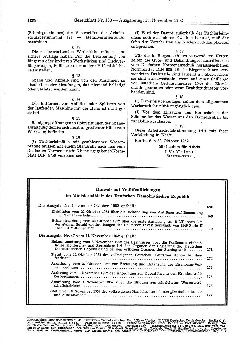 Gesetzblatt (GBl.) der Deutschen Demokratischen Republik (DDR) 1952, Seite 1208 (GBl. DDR 1952, S. 1208)