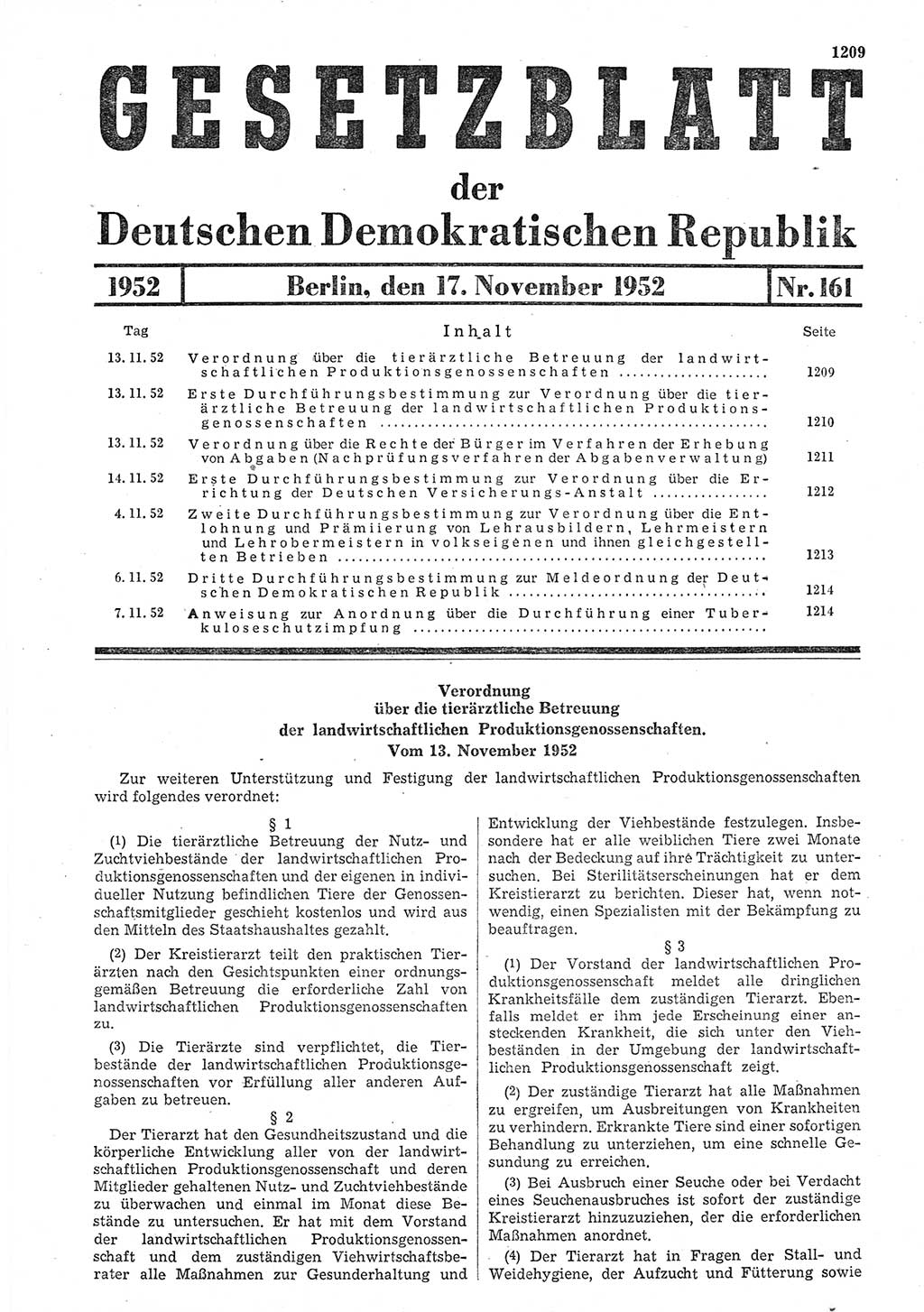 Gesetzblatt (GBl.) der Deutschen Demokratischen Republik (DDR) 1952, Seite 1209 (GBl. DDR 1952, S. 1209)