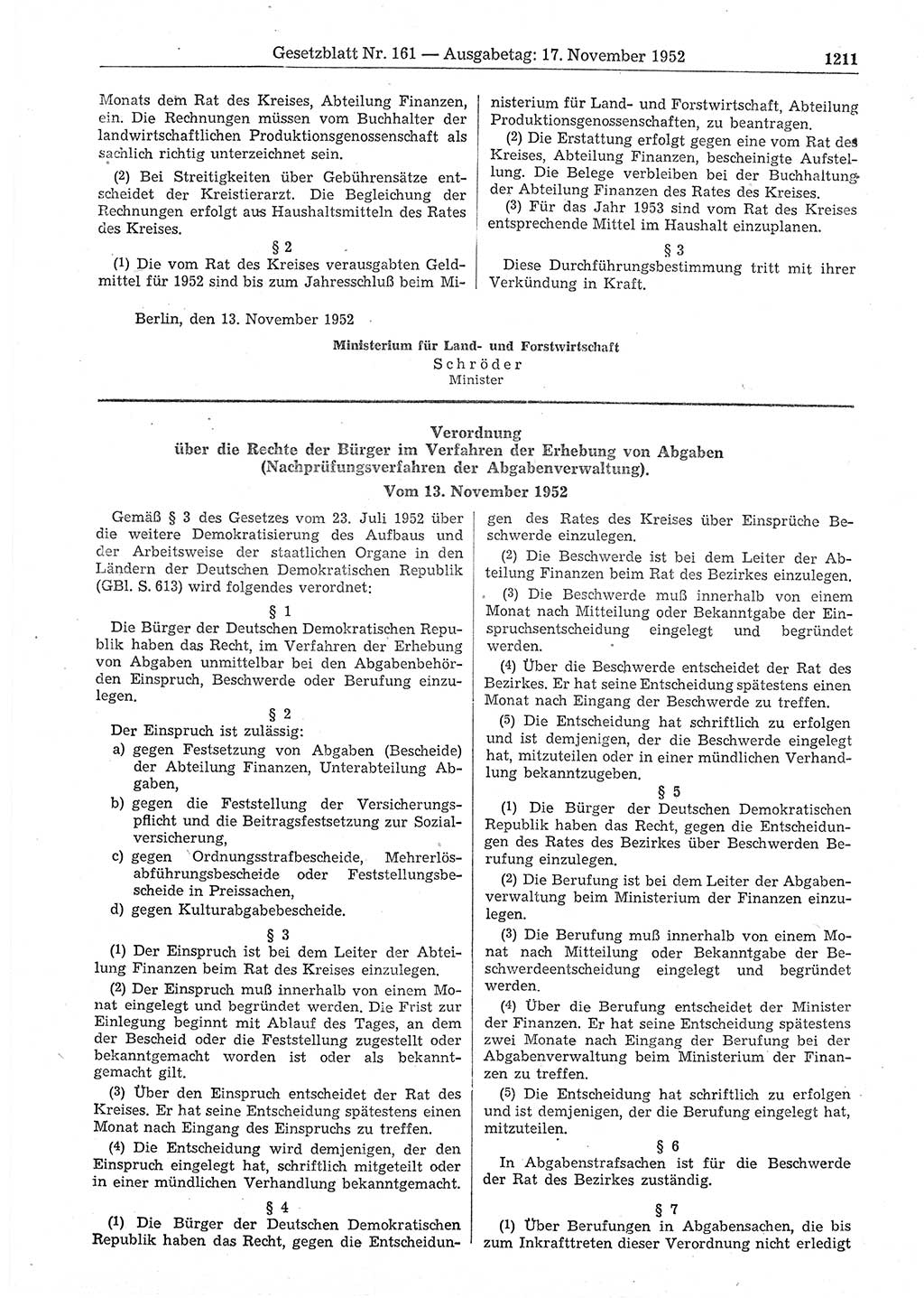 Gesetzblatt (GBl.) der Deutschen Demokratischen Republik (DDR) 1952, Seite 1211 (GBl. DDR 1952, S. 1211)