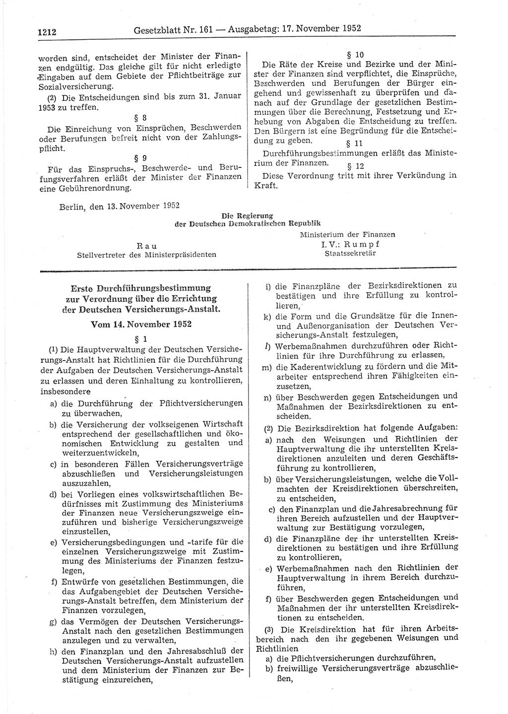 Gesetzblatt (GBl.) der Deutschen Demokratischen Republik (DDR) 1952, Seite 1212 (GBl. DDR 1952, S. 1212)