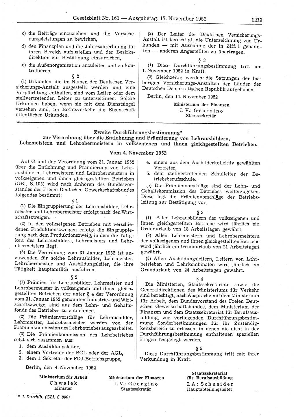 Gesetzblatt (GBl.) der Deutschen Demokratischen Republik (DDR) 1952, Seite 1213 (GBl. DDR 1952, S. 1213)