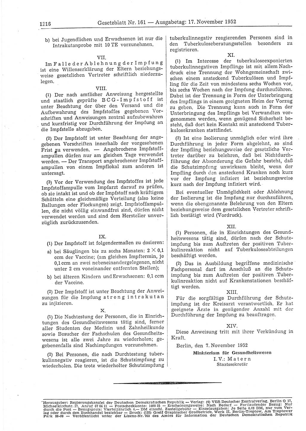 Gesetzblatt (GBl.) der Deutschen Demokratischen Republik (DDR) 1952, Seite 1216 (GBl. DDR 1952, S. 1216)