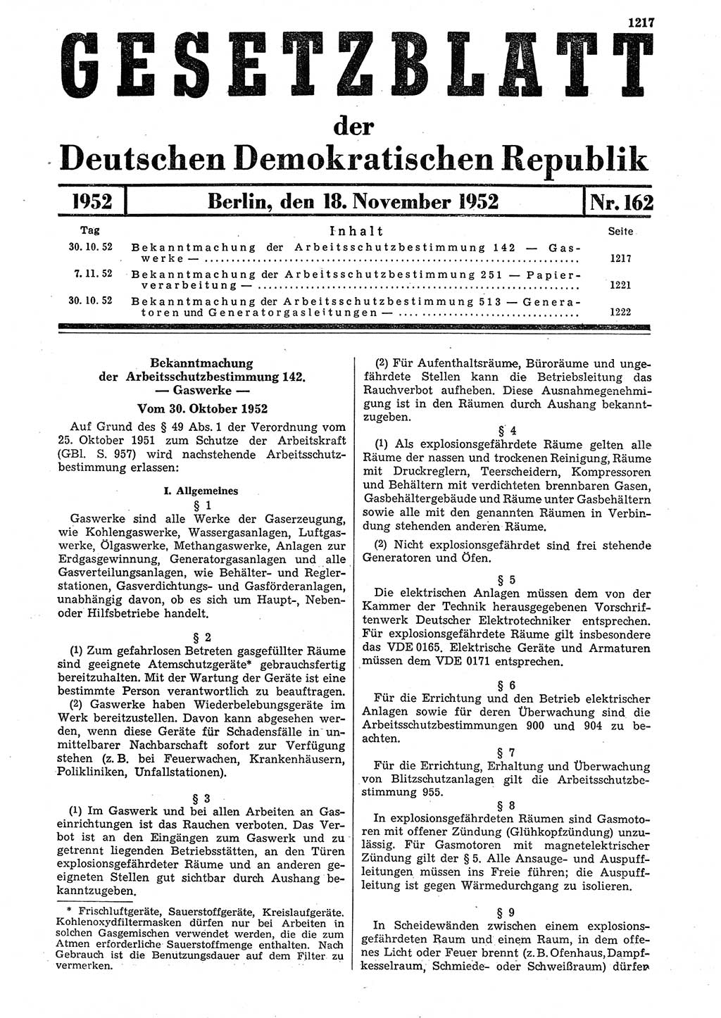 Gesetzblatt (GBl.) der Deutschen Demokratischen Republik (DDR) 1952, Seite 1217 (GBl. DDR 1952, S. 1217)