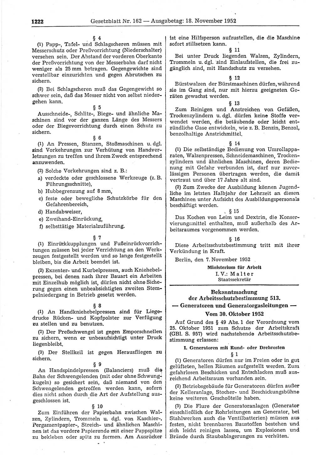 Gesetzblatt (GBl.) der Deutschen Demokratischen Republik (DDR) 1952, Seite 1222 (GBl. DDR 1952, S. 1222)